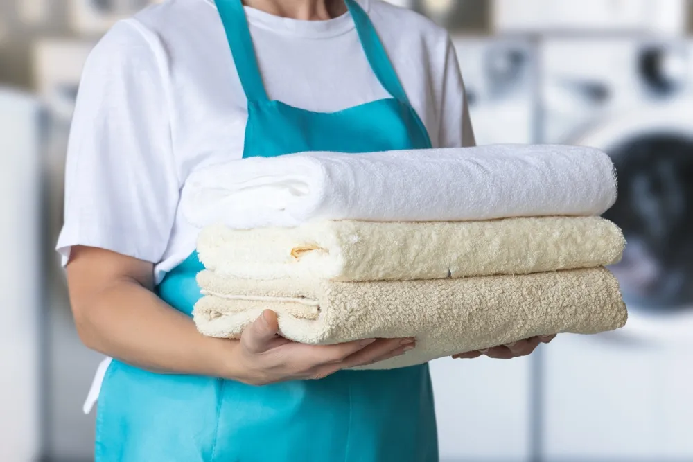 A cleaning lady in a blue apron holds a stack of clean towels.