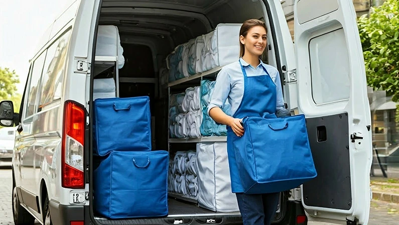 Woman with a smile wearing a blue apron carrying a blue laundry bags from the laundry van