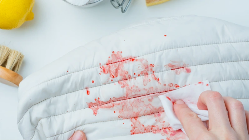 Female hands wipe blood stains on a white outerwear a DIY cleaning method to remove stains