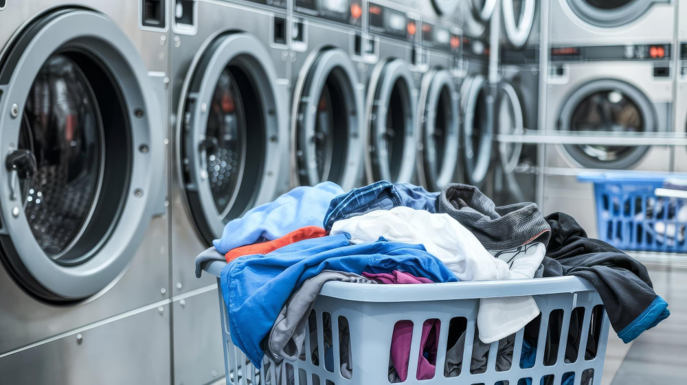 A basket of laundry near row of washing machines