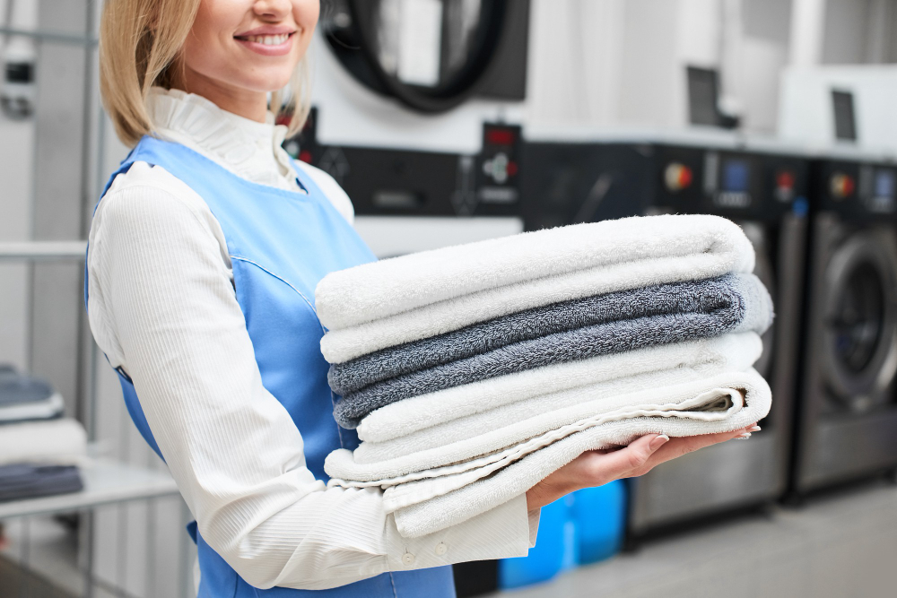 Portrait of a laundry worker on the background of clothes on hangers