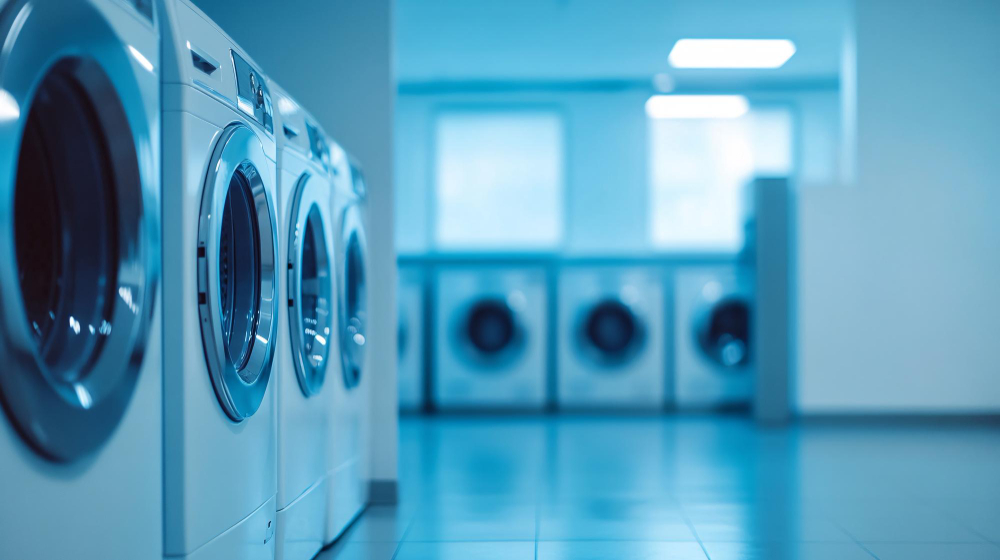 Row of washing machines is waiting for customers in modern laundry room